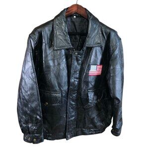 Vintage Men's Leather Jacket Large Patriotic Black Full Zip Collared Biker